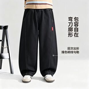 儿童秋季韩版棉质撞色休闲运动裤男女童学生宽松百搭中大童长裤潮