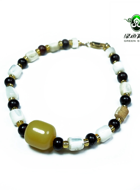 实物拍照wp556 不还价 清代老压蜜蜡主珠配老鱼骨桶珠手链