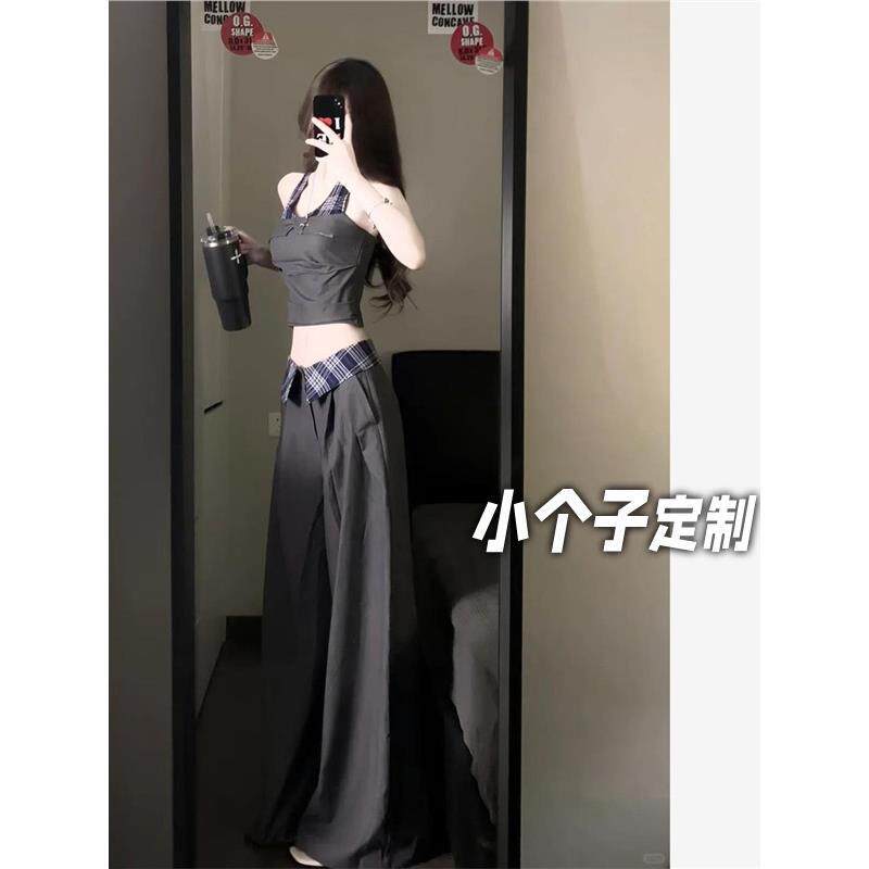 150小矮个子格纹拼接挂脖无袖休闲裤