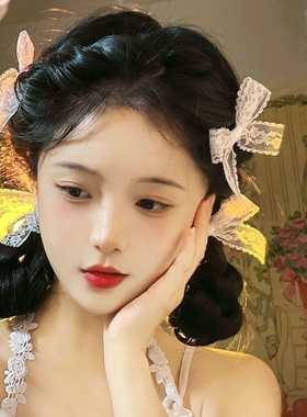 白色蕾丝蝴蝶结发夹女前额刘海鸭嘴夹2024年新款侧马尾发卡子头饰