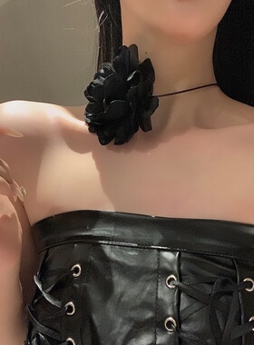 复古法式时髦大丽狂花朵fa黑choer项链系脖绑带颈链