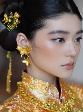 水舞H2302 新款中式国风蝴蝶耳钉黄金色流苏耳环秀禾旗袍耳饰配饰