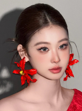 水舞H2305 明星款轻奢红色花朵夸张耳钉高级女个性小众耳环耳饰