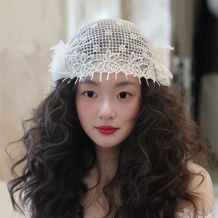 水舞B3066 手作法式复古串珠礼帽新娘头饰结婚小众网帽婚纱配饰