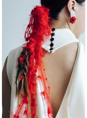 水舞B3017 小众个性红色长毛绒线花边新娘头饰创意毛线婚庆发饰