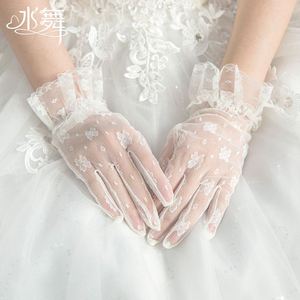 Water dance n0114 bride Korean white lace flower gloves elegant Hepburn wedding knot wedding dress accessories short