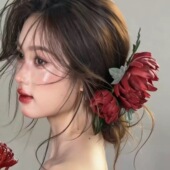 小众新中式 水舞U2355 康康老师同款 红色仿真花新娘头饰敬酒服发饰