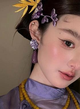 水舞H2203 康康老师同款个性紫色水滴耳环花朵耳钉新中式耳饰耳坠