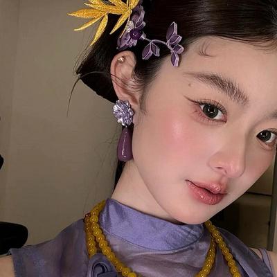 水舞H2203 康康老师同款个性紫色水滴耳环花朵耳钉新中式耳饰耳坠