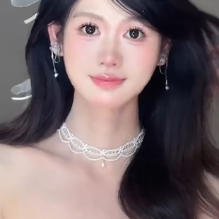 水舞D1171 白色蕾丝珍珠颈链少女感项圈颈带超仙新娘锁骨链项链