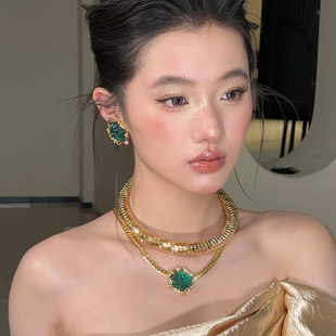 水舞D1189 康康老师同款中古项链耳环绿色个性小众配饰新娘锁骨链