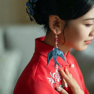 水舞H2152 新中式蓝色流苏燕子新娘耳环中国风秀禾旗袍耳钩耳饰