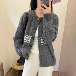 重磅加厚100%纯羊毛开衫女圆领拼色麻花针织毛衣宽松慵懒羊绒外套