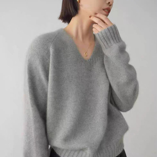 2025秋冬100%纯羊毛衫女V领纯色加厚毛衣宽松慵懒羊绒衫打底上衣