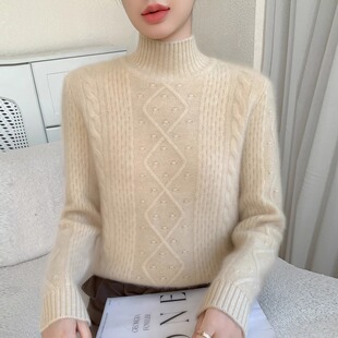 重磅加厚高级感山羊绒衫女半高领菱形绞花针织毛衣宽松百搭羊毛衫