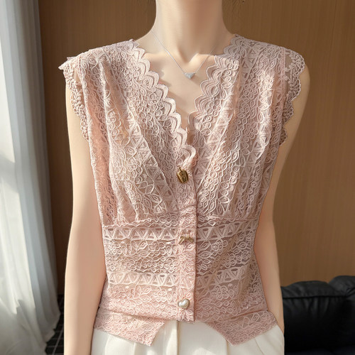 法式蕾丝V领镂空钩花针织开衫