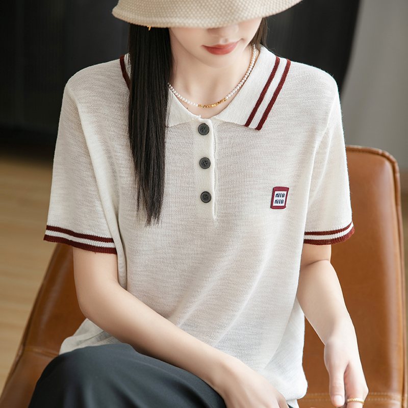POLO领拼色竹节麻针织短袖女刺绣纽扣T恤上衣宽松薄款半袖打底衫