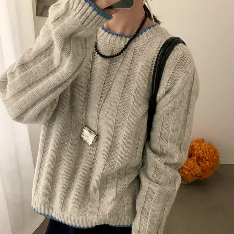 宽松慵懒圆领撞色100%纯羊毛打底