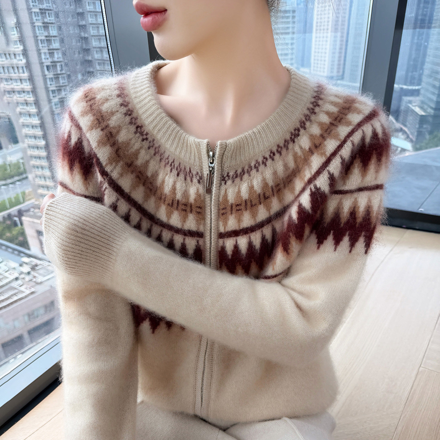 费尔岛提花山羊绒开衫女圆领双拉链加厚针织外套宽松慵懒羊毛上衣