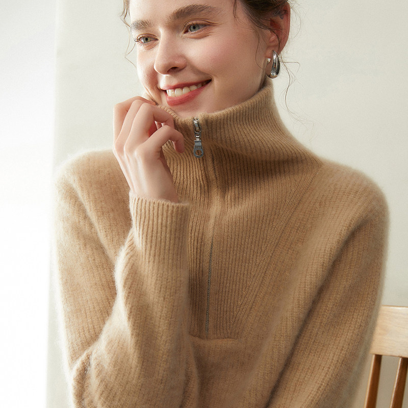 老钱风高端山羊绒衫高领拉链针织衫女秋冬加厚宽松慵懒风羊毛打底,女装/女士精品,羊绒衫,淘宝优惠券,粉丝福利购,淘宝优惠卷
