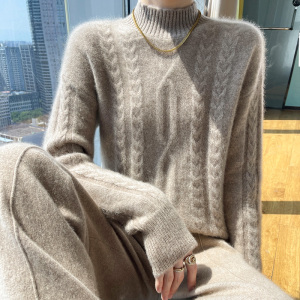23秋冬新款100%纯羊绒衫女扭花半高领针织毛衣宽松加厚羊毛打底衫