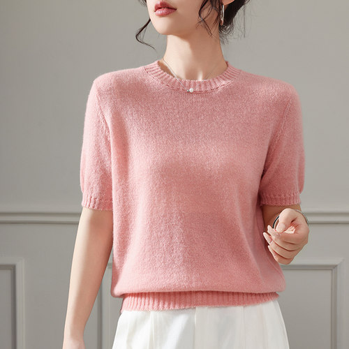 100%纯羊毛女短袖圆领针织衫毛衣