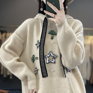秋冬新款100%纯羊绒衫女连帽毛衣刺绣加厚羊毛衫宽松带帽针织衫