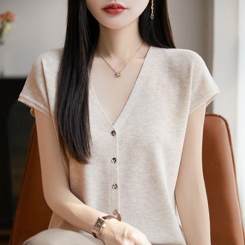 V领后领包肩袖针织短袖T恤女开衫