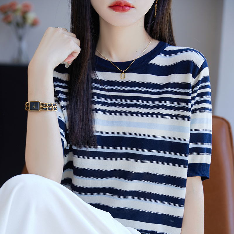 100莱赛尔天丝针织五分袖女圆领条纹拼色短袖T恤打底宽松半袖上衣