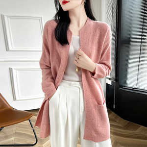 圆领中长款100%纯羊绒带兜开衫女花纱宽松显瘦长袖羊毛衫针织外套