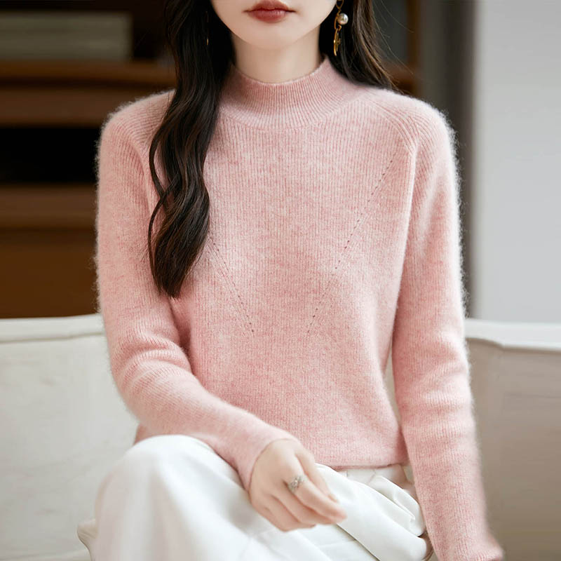 半高领坑条提花100%纯羊毛衫针织毛衣女长袖宽松羊绒衫加厚打底衫