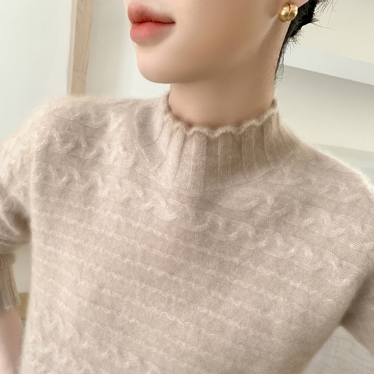 秋冬100%纯羊毛衫女花边半高领加厚提花毛衣宽松羊绒衫针织打底衫