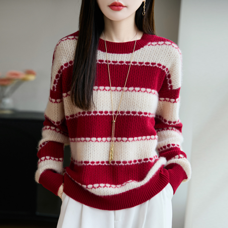 加厚100%纯羊毛衫女圆领拼色毛衣