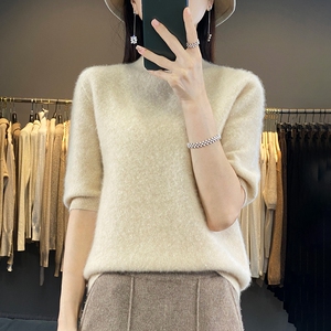 春秋100%纯羊绒衫针织短袖女半高领五分袖纯色上衣宽松羊毛打底衫