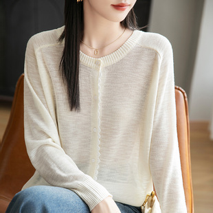 25春夏薄款 圆领长袖 针织开衫 女竹节麻蕾丝花边防晒打底上衣空调衫