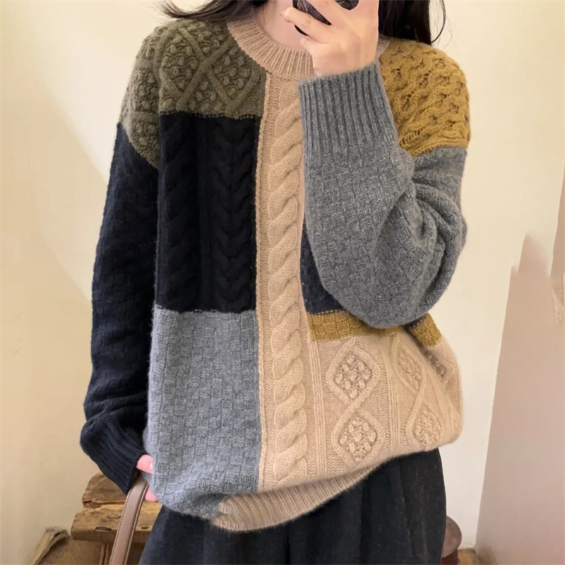 圆领加厚100%纯羊毛衫女拼色毛衣