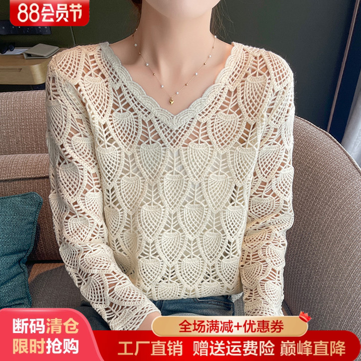 针织衫V领花朵羊毛镂空长袖文艺
