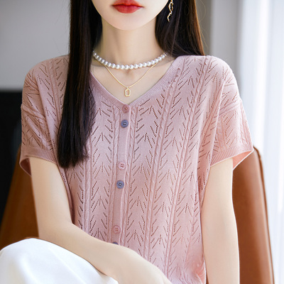 V领100%莱赛尔天丝针织短袖开衫