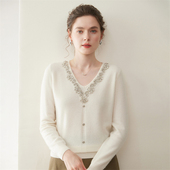 上衣宽松羊毛衫 重工镶钻高级感山羊绒衫 针织毛衣女V领长袖 打底