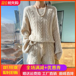 秋冬款100%羊毛衫套装女圆领宽松慵懒风针织羊绒衫短裤上衣两件套