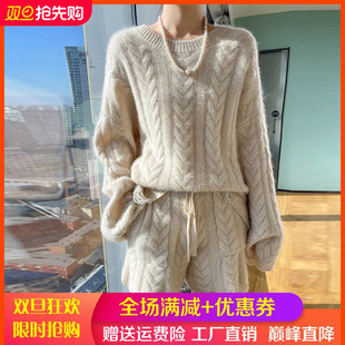 秋冬款100%羊毛衫套装女圆领宽松慵懒风针织羊绒衫短裤上衣两件套