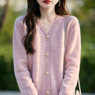 V领100%纯羊毛开衫女点子纱珍珠扣针织衫毛衣宽松加厚羊绒衫外套