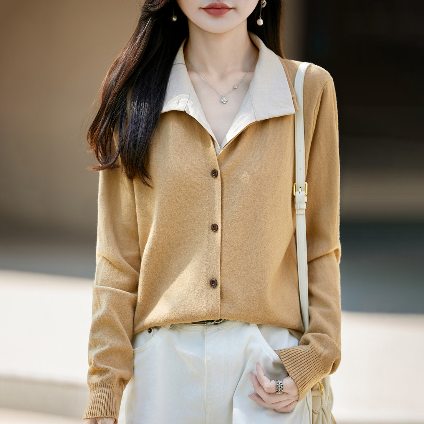 老钱风拼色精纺羊毛衫女针织开衫