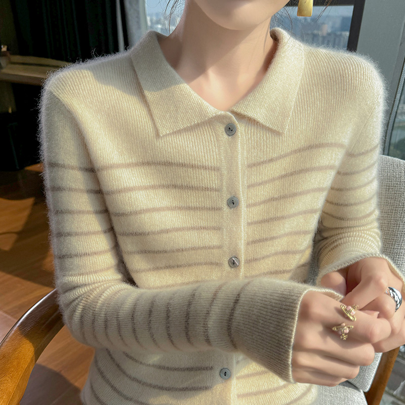 翻领条纹山羊绒开衫拼色外套毛衣