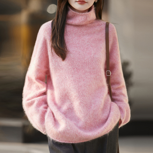 轻奢级花纱100%纯羊毛衫女卷边高领拉绒针织衫毛衣宽松打底羊绒衫