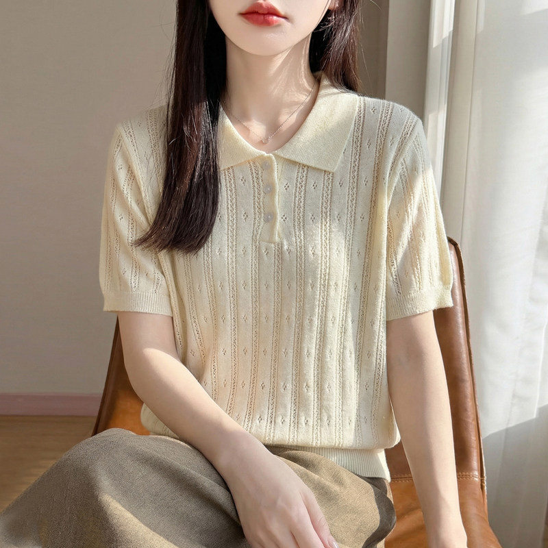 POLO领莱赛尔天丝针织短袖T恤女夏季镂空背心宽松半袖打底衫上衣
