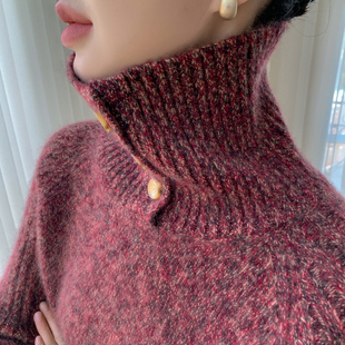 复古风高领加厚山羊绒衫女宽松慵懒花纱针织毛衣翻领羊毛打底上衣