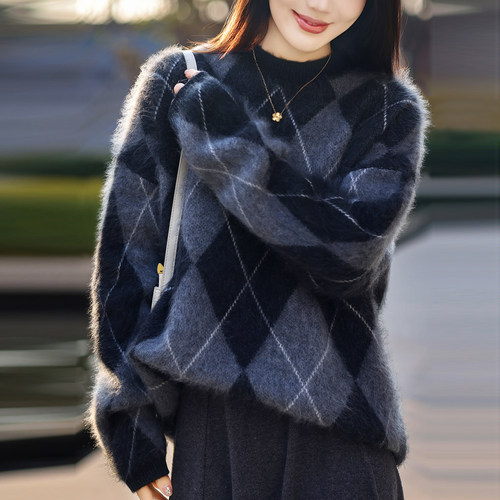 重磅加厚100%羊毛衫菱形拼色毛衣