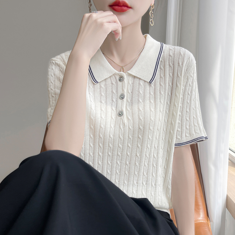 25夏季天丝亚麻针织短袖T恤女POLO领拼色扭花半袖上衣宽松打底衫