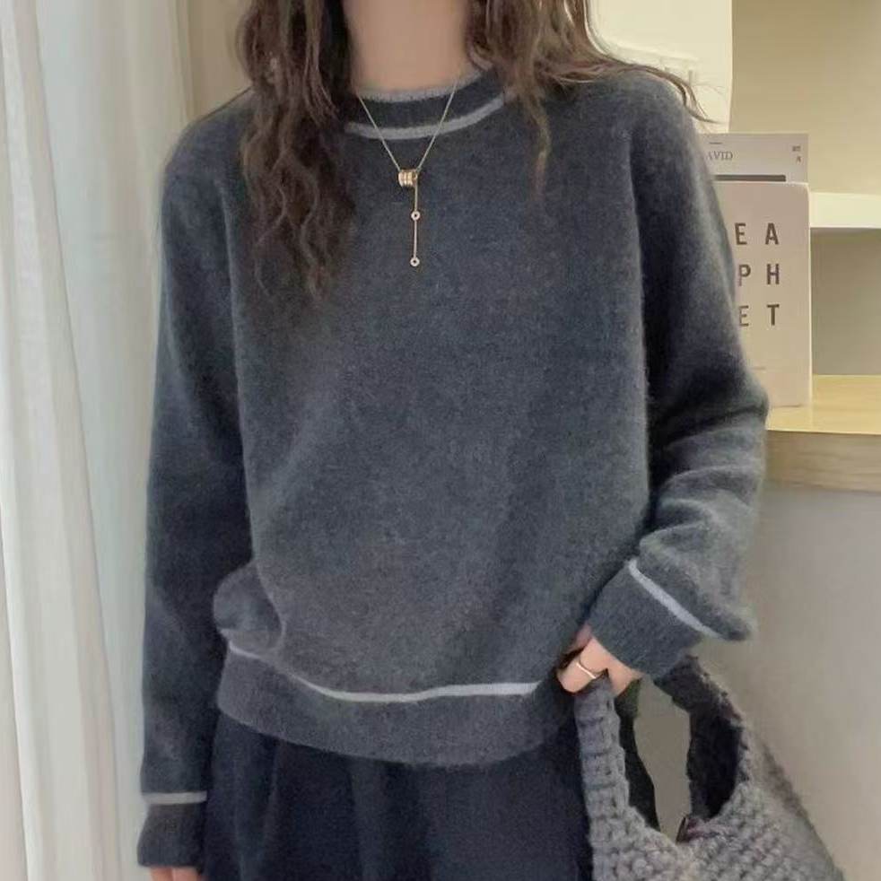 秋冬100%纯羊毛衫女圆领拼色加厚针织毛衣宽松休闲羊绒打底衫上衣,女装/女士精品,羊绒衫,淘宝优惠券,粉丝福利购,淘宝优惠卷